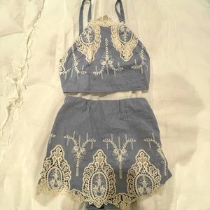 LF Rumor Boutique Blue & Cream Lace Two Piece Set